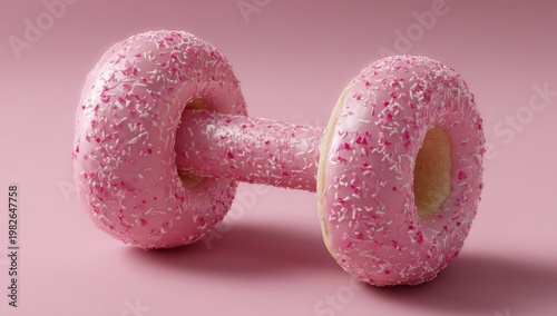 A whimsical pink dumbbell shaped like a donut, covered in sprinkles, playfully combines fitness and indulgence against a soft pink backdrop.