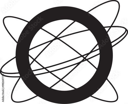 Black geometric abstract icon, modern atomic symbol, minimalist design element, vector illustration