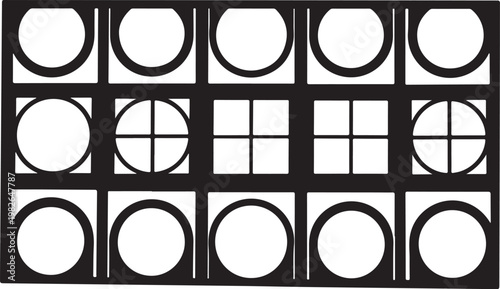 Black, white geometric shapes, circles, squares, grid pattern, icons, 16 elements, vector graphics