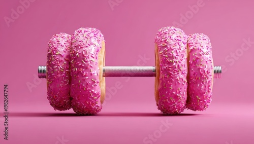 A playful image depicts a dumbbell constructed entirely from pink frosted donuts with colorful sprinkles.