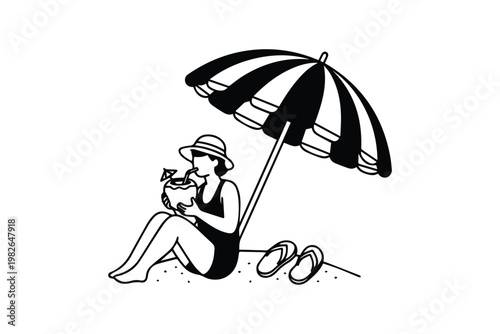 Tropical Beach Umbrella with Coconut Drink and Flip Flops Summer Vacation Line Art Illustration, Suitable for Travel Ads, Resort Branding, and Holiday Design