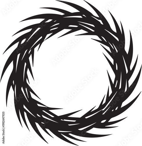 Black abstract circular border, feathered frame, decorative wreath, vector illustration