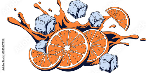 Juicy orange slices and refreshing ice cubes in a dynamic splash of orange liquid cool drink vector illustration white background vitamin c tropical beverage ingredient cocktail isolated