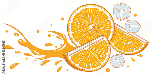Orange juice splash illustration featuring citrus slices and falling ice cubes for refreshing beverage design beverage refreshing illustration isolated background transparent cocktail