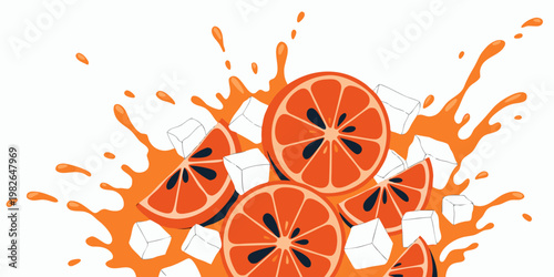 Fresh orange juice splash with round fruit slices and cold ice cubes on white background graphic beverage refreshing ingredient background illustration tropical breakfast transparent