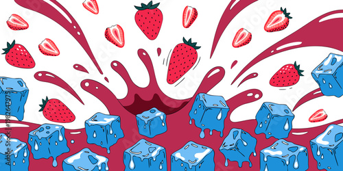 Cartoon strawberry juice splash with whole berries and blue ice cubes in a dynamic liquid wave illustration strawberry beverage refreshing illustration isolated background cocktail