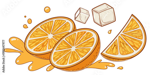 Sweet orange slices with two ice cubes and gentle orange liquid splash refreshing fruit drink vector art white background vitamin c tropical beverage ingredient cocktail isolated