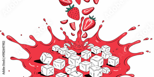 Red berry juice splash with falling strawberry halves and cold ice cubes on a clean white background strawberry beverage refreshing illustration isolated background transparent cocktail