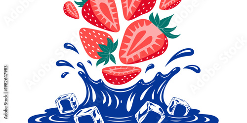 Fresh strawberry halves falling into a blue liquid splash with ice cubes for beverage and cocktail advertising strawberry beverage refreshing illustration isolated background cocktail
