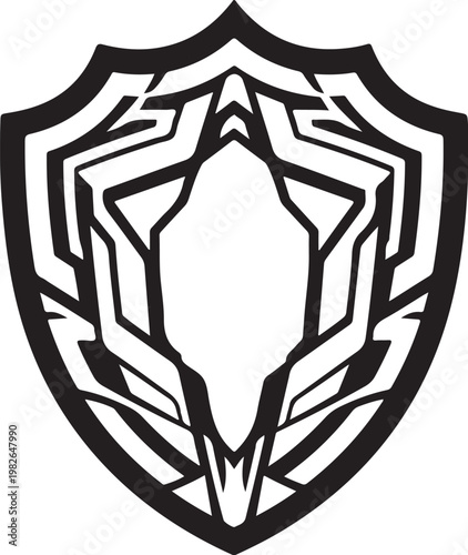 Geometric shield logo, abstract black icon, vector emblem, modern crest design