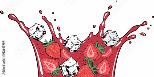 Red strawberry splash with fresh whole and sliced berries ice cubes dynamic liquid drops dessert ingredient design element strawberry ingredient beverage refreshing delicious