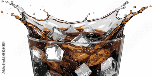 Glass of dark brown soda with ice cubes and a dynamic overflowing splash refreshing cold fizzy drink with bubbles ice cube energy drink clear glass highball glass cut out white background