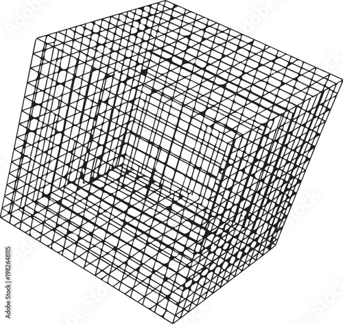 Wireframe cube, 3D grid mesh, geometric shape, wire grid model