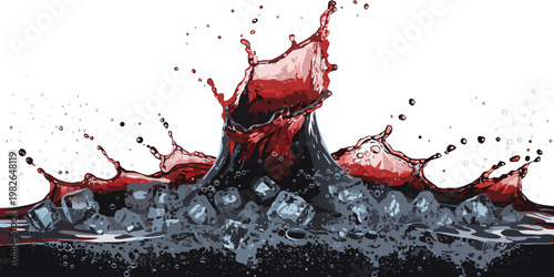 Dynamic dark red drink splash with many ice cubes and flying droplets on isolated white background frozen water cool drink refreshing movement droplets beverage abstract refreshment