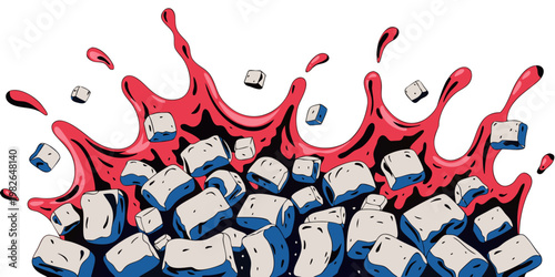 Dynamic splash of ice cubes in red liquid refreshing beverage concept illustration cool down cool drink frozen water refreshment beverage illustration abstract transparent cocktail