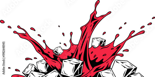 Vigorous red liquid splash with multiple ice cubes and droplets on a dynamic white background frozen water cool drink refreshing movement droplets beverage abstract refreshment isolated