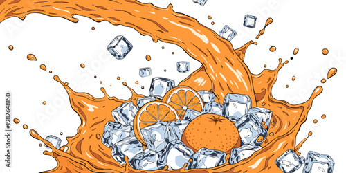 Orange juice splash with fresh oranges and ice cubes graphic illustration vitamin c white background food and drink refreshment illustration abstract vitamin c tropical beverage