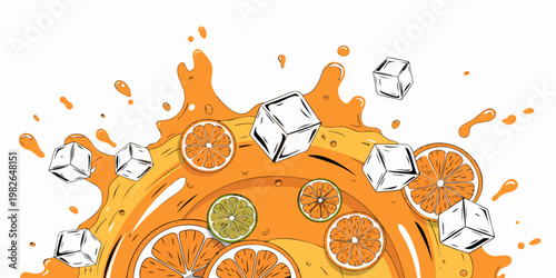 Refreshing citrus juice splash with oranges limes ice cubes graphic illustration vitamin c white background food and drink sweet and sour refreshment illustration abstract beverage
