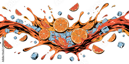 Juice splash with sliced citrus fruits and ice cubes illustration on white background food and drink vitamin c blood orange refreshment illustration abstract beverage delicious tropical