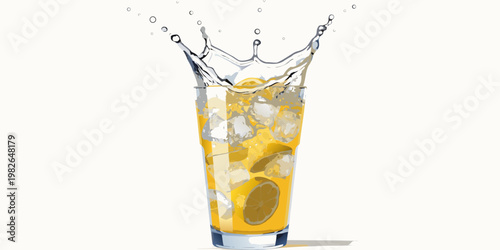 Cold refreshing drink with lemon and ice cubes splashing out of a glass on white background refreshment beverage condensation cocktail transparent illustration quenching celebration