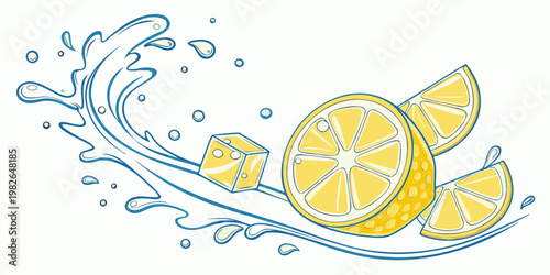 Artistic hand drawn illustration featuring sliced lemons and a refreshing blue water splash with yellow ice cubes on a white background representing fresh citrus beverages and cooling, beverage