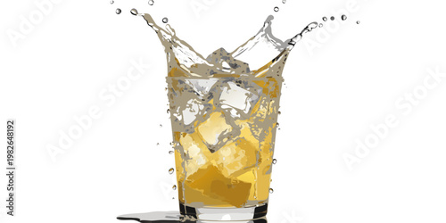Dynamic digital drawing of a glass filled with an amber colored iced drink featuring a large liquid splash and frozen ice cubes isolated on white for whiskey or iced tea advertising, beverage