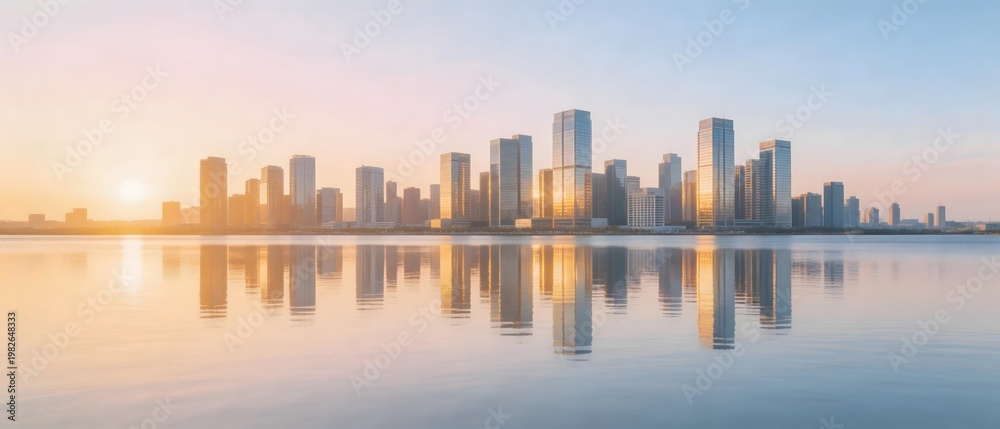 Obraz premium City skyline at sunrise with water reflection