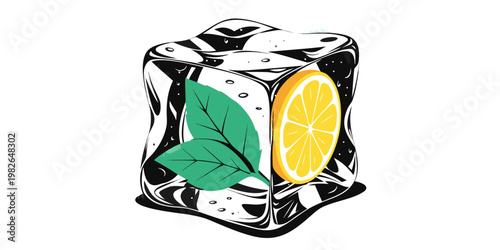 Refreshing lemon slice and green mint leaves inside a detailed ice cube with refreshing beverage cocktail ingredient isolated illustration transparent abstract culinary refreshment