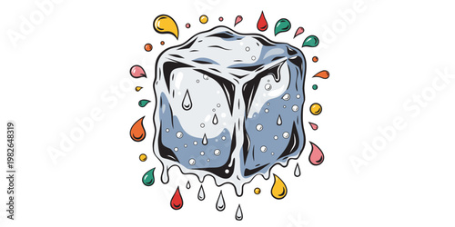 Stylized translucent ice cube with air bubbles and colorful floating teardrop shapes on white background colorful teardrop translucent illustration abstract artistic isolated background