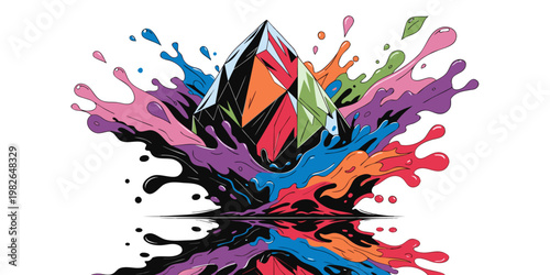 Abstract crystal gemstone with multi-colored paint splash and reflection graphic illustration on white background pop art colorful abstract reflection gemstone illustration artistic