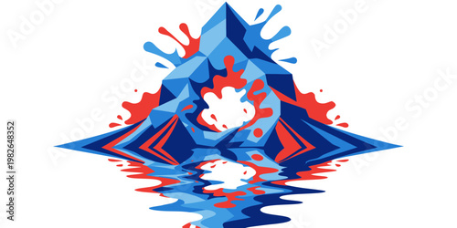 Abstract geometric vector illustration featuring blue and red liquid splashes around a stylized central peak with a reflective surface on a white background abstract geometric reflection
