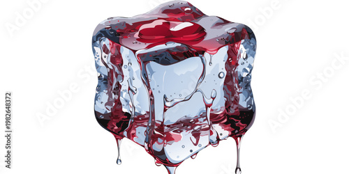 Realistic vector art of a melting ice cube saturated with rich red wine or fruit juice showing viscous liquid flowing down the sides and internal air bubbles dripping transparent beverage
