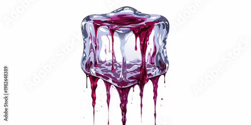 Vector graphic of a frozen ice cube with long dark red drips of syrup or wine falling from the bottom edge against a white background dripping transparent beverage cocktail refreshment