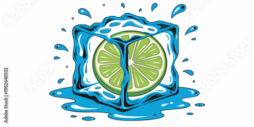 Refreshing lime slice encased in melting ice cube with water splashes food and drink vitamin c white background refreshment splashing hydration beverage drink concept vitamin