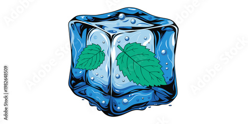 Mint leaves frozen in a clear ice cube with food and drink refreshing beverage illustration refreshment nutrition
