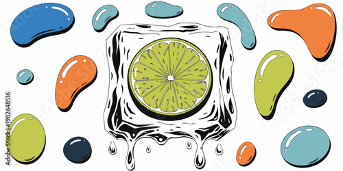 Stylized illustration of lime slice in melting ice cube surrounded by colorful liquid blobs with food and drink vitamin c white background refreshment splashes colorful hydration beverage