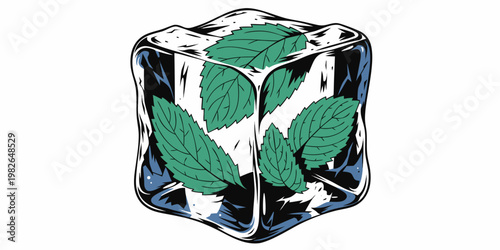 Multiple mint leaves frozen inside a crystal clear ice cube with food and drink refreshing beverage illustration refreshment nutrition