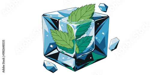 Mint leaves frozen in an ice cube with surrounding ice shards mint leaf ice shard drink ingredient mint flavor white background ice cold frozen food freshness refreshment refreshing