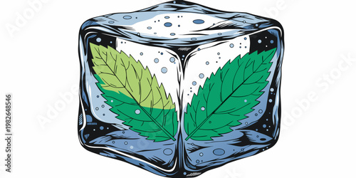 Two mint leaves frozen inside an ice cube with food and drink refreshing beverage illustration refreshment nutrition