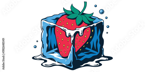 Strawberries frozen in a melting ice cube with small bubbles frozen strawberry ice cold frozen fruit food and drink white background strawberry refreshment refreshing beverage isolated