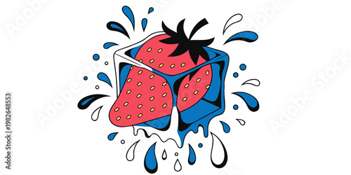 Cube of ice with strawberries frozen inside splashing water drops frozen strawberry ice cold frozen fruit food and drink white background strawberry refreshment refreshing beverage