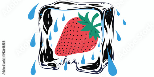 Single strawberry frozen in a melting block of ice with dripping water ice cold frozen fruit food and drink white background strawberry refreshment refreshing beverage ingredient