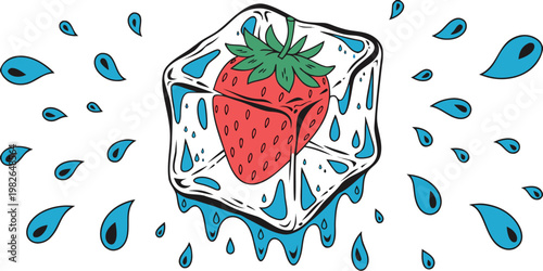 Strawberry frozen in an irregular ice cube shape surrounded by water drops with ice cold frozen fruit food and drink white background strawberry refreshment refreshing beverage isolated