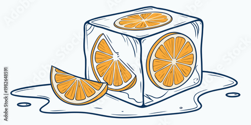 Orange slices embedded in a melting ice cube with an extra slice frozen fruit ice chunk hand drawn white background food and drink beverage ingredient refreshing drink refreshment