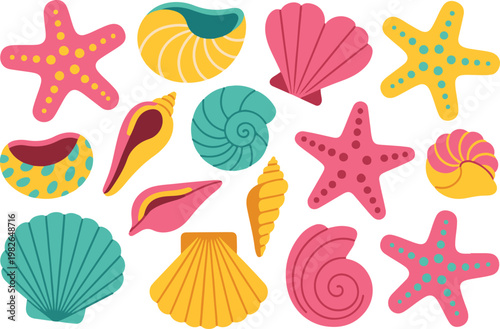 Colorful collection of seashells and starfishes on transparent background for summer themes.