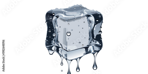 Detailed illustration of a single melting ice cube with water droplets refreshment transparent dripping moisture hydration beverage illustration abstract background reflection