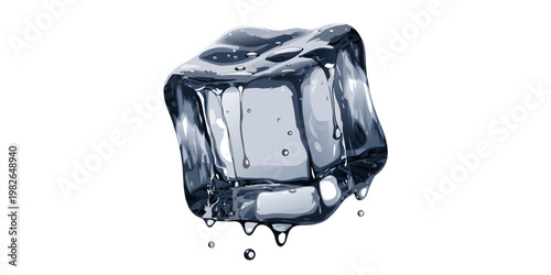 Graphic illustration of a melting ice cube with water drips dripping transparent refreshment hydration moisture background illustration reflection refraction condensation abstract