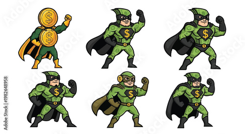 Superhero character with dollar sign costume illustrations