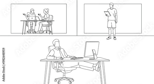 Business people and workplace activities vector illustration showing office meeting, professional reading report and employee relaxing while working at computer desk