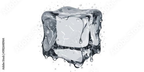 Vector illustration of a melting ice cube with water splashes and droplets transparent refreshment hydration moisture background illustration reflection refraction condensation